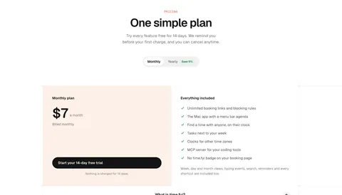 time.fyi pricing section: centered header with monthly/yearly toggle above a single $7 plan card on peach and an included-features list