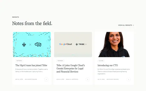 Tribe AI blog & resources section: serif headline above three insight cards with cover images, tag pills, dates and authors on off-white