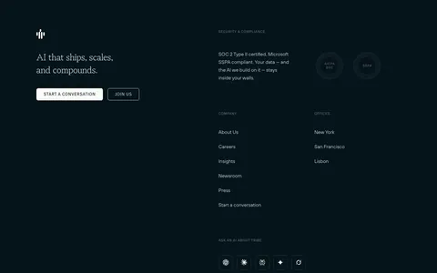 Tribe AI footer section: dark navy footer with serif tagline, two buttons, security badges, link columns and a giant faded TRIBE AI wordmark