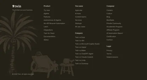Twin footer section: logo and link columns beside a dithered palm tree and beach chair illustration on a dark brown background