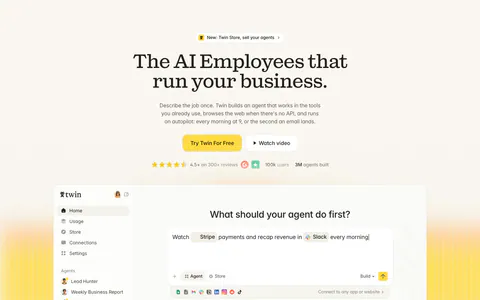 Twin hero section: centered serif headline with yellow CTA and ratings above an agent builder app screenshot on cream with yellow glow