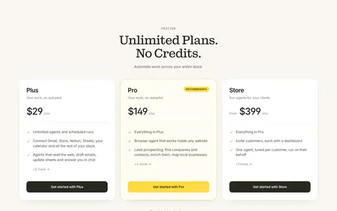 Twin pricing section: centered serif headline above three plan cards with the middle Pro plan highlighted in yellow on cream