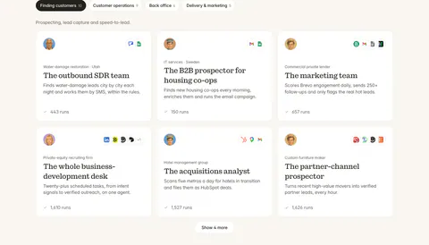Twin use cases section: tab bar of categories above a three-column grid of agent cards with avatars, app icons and run counts