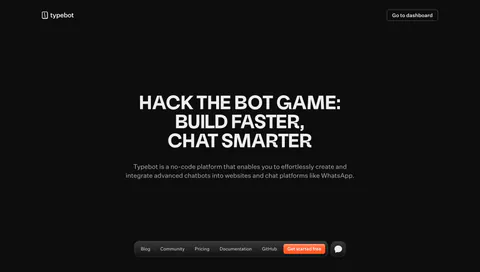 Typebot hero section: centered uppercase headline and description on a black background with a floating bottom pill navigation bar