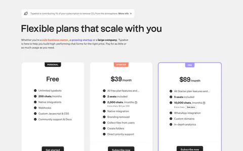 Typebot pricing section: left-aligned headline above three plan cards with check lists and a wide enterprise card on light gray