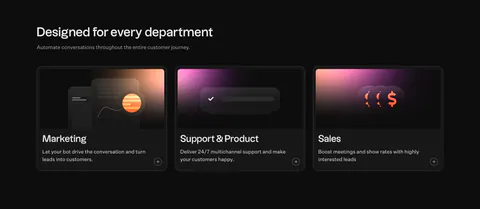 Typebot features section: headline above three dark cards for marketing, support and sales with pink-orange gradient graphics on black