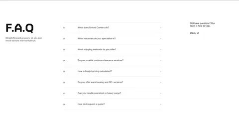 United Carriers FAQ section: large F.A.Q heading left, numbered accordion questions center and an email link right on white