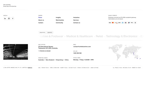 United Carriers footer section: link columns, payment badges, industries marquee, office details and dotted world map on white