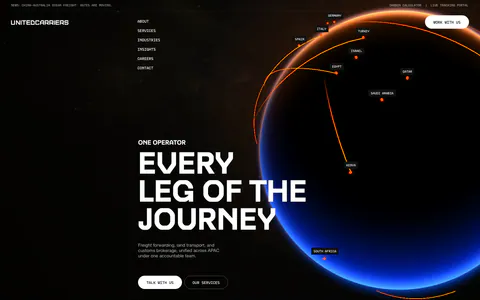United Carriers hero section: uppercase headline and two buttons beside a glowing globe with route arcs on black, fading into a blue glow