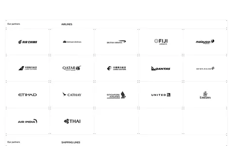 United Carriers logo cloud section: bordered grid of airline and shipping line logos on white above a blue glow gradient