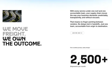 United Carriers stats section: uppercase headline, intro copy and three large metrics with cutout photos of a reach stacker and containers