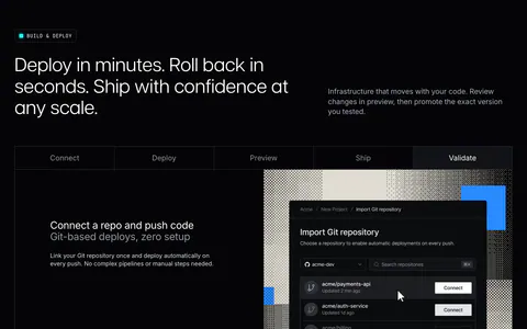 Unknown features section: dark layout with a five-step tab bar and rows pairing deploy copy with Git import and container runtime UI