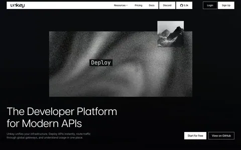 Unkey hero section: grainy grayscale artwork with a Deploy label above a left-aligned headline, CTAs at right and a logo row on black