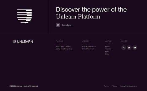 Unlearn footer section: logo mark and mixed sans/serif CTA headline with demo link above link columns and social icons on dark plum