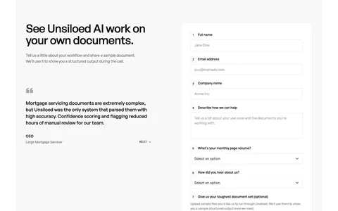 Unsiloed contact section: headline and customer quote at left beside a numbered demo request form with text fields, selects and file upload