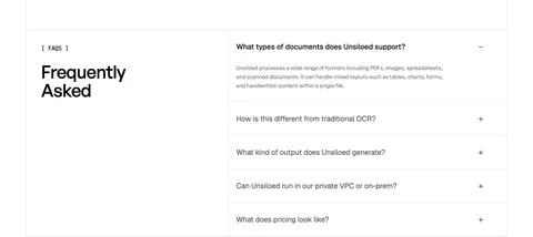 Unsiloed FAQ section: Frequently Asked heading at left beside a bordered accordion with the first question expanded on white