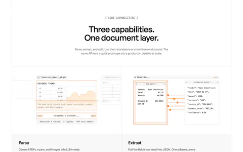 Unsiloed features section: centered headline above two panels showing a PDF parsing mockup and a JSON extraction view, labeled Parse and Extract