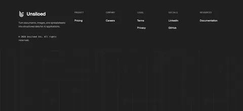 Unsiloed footer section: logo and tagline with Product, Company, Legal, Socials and Resources columns above a grid-line pattern on charcoal