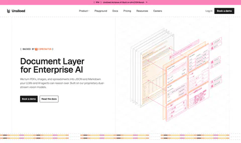 Unsiloed hero section: left headline with Book a demo and Read the docs buttons beside an isometric illustration of layered parsed documents