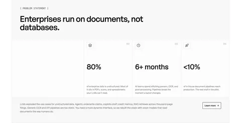 Unsiloed stats section: left headline above three bordered cells with large figures 80%, 6+ months and <10% plus a closing paragraph on white