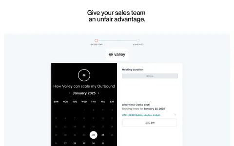 Valley contact section: centered headline above a two-step meeting booking widget with a black calendar panel and time picker on light gray
