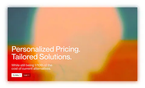 Valley call-to-action section: white headline and two buttons over a full-bleed blurred orange, peach and teal abstract image