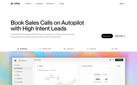 Valley hero section: left-aligned headline with buttons, a tab bar and a sales dashboard screenshot on a grainy pastel gradient background