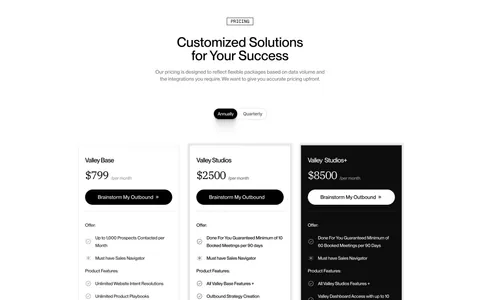 Valley pricing section: centered headline and annual/quarterly toggle above three plan cards, the top tier in black, with feature checklists