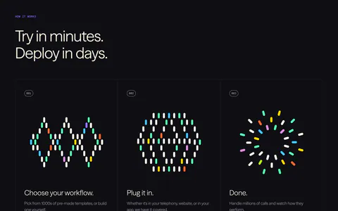 Vapi how it works section: left-aligned headline above three numbered step cards with colorful dot-pill artworks on a black background