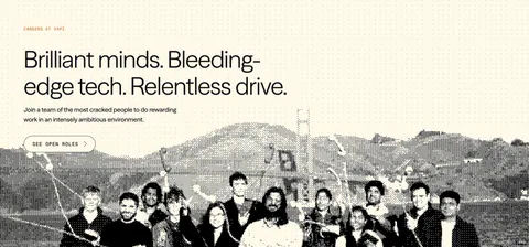Vapi careers section: left-aligned headline and See open roles button over a dithered team photo on a cream dot-grid background