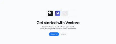 Vectara call-to-action section: three app icons in a dashed grid above a centered headline with blue Contact us button on light gray