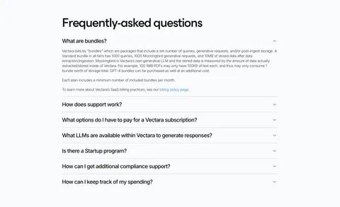 Vectara FAQ section: left-aligned heading above an accordion of questions with the first answer expanded on a light gray background