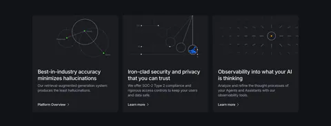 Vectara features section: three dark cards with thin line-diagram graphics, titles and links on a near-black background