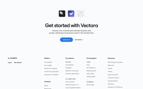 Vectara footer section: centered CTA with app icons above a logo and five link columns, status pill, social icons and copyright on light gray
