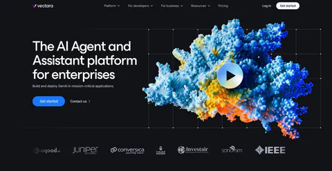 Vectara hero section: headline left, colorful 3D coral-like render with a play button on grid lines right, logo strip below on black