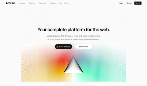 Vercel hero section: centered headline and two buttons on a grid background above a black prism radiating rainbow gradient line rays