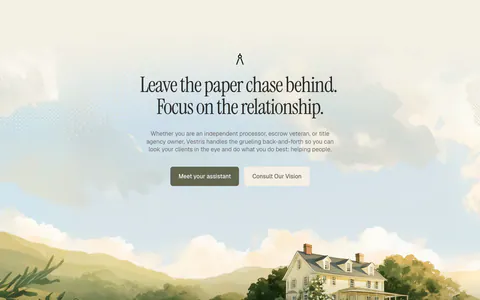 Vestris call-to-action section: centered serif headline and two buttons over a painted countryside house scene that flows into the footer