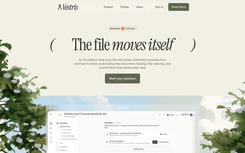 Vestris hero section: nav and centered serif headline with button above an app screenshot framed by painted trees and sky