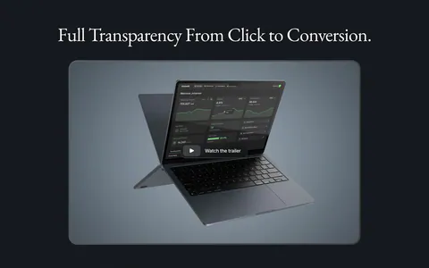 VisionAI features section: serif headline over a laptop dashboard with trailer button, a 40% stat and platform icons on navy