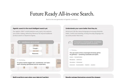 VisionAI features section: centered serif headline above a two-column grid of eight gray cards with search UI mockups