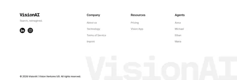 VisionAI footer section: logo, social icons and three link columns above a large faint wordmark on white