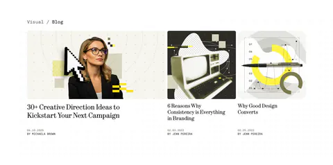 Visual blog & resources section: one wide and two narrow article cards with collage cover images, serif titles and authors on a dotted white page
