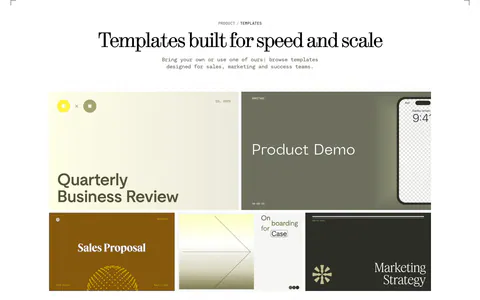 Visual features section: centered serif headline above a bento grid of presentation template previews in olive, cream, brown and charcoal