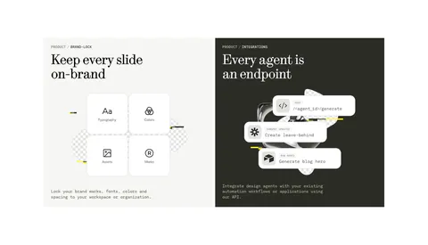 Visual features section: two side-by-side panels, a light one with four brand-lock tiles and a dark one with stacked API endpoint cards