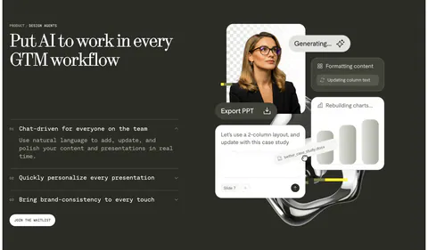 Visual features section: charcoal split layout with serif headline and numbered accordion left, floating AI editing UI cards and portrait right