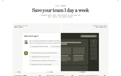 Visual features section: centered serif headline above a sales deck agent chat UI and three cards for QBRs, proposals and presentations