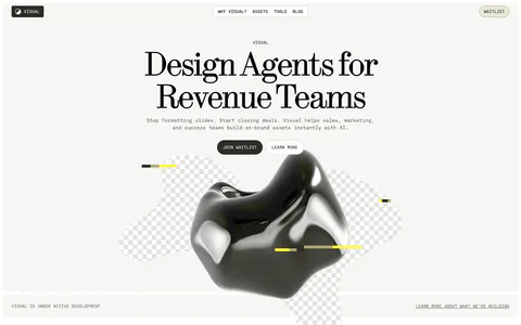 Visual hero section: nav bar and centered serif headline with two buttons above a glossy black 3D blob on checkerboard shapes