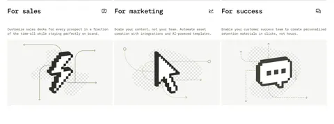 Visual use cases section: three cards for sales, marketing and success with mono titles, short copy and black pixel-art icons on light gray