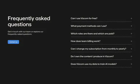 Vizcom FAQ section: headline, copy and contact button on the left beside an accordion of questions on a dark charcoal background