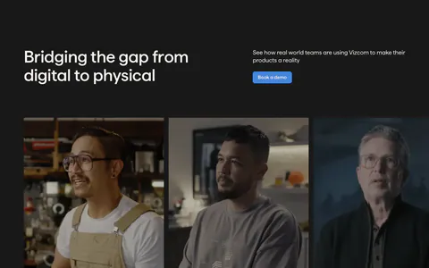 Vizcom testimonials section: headline and demo button above a row of customer video story cards with portrait photos on a charcoal background